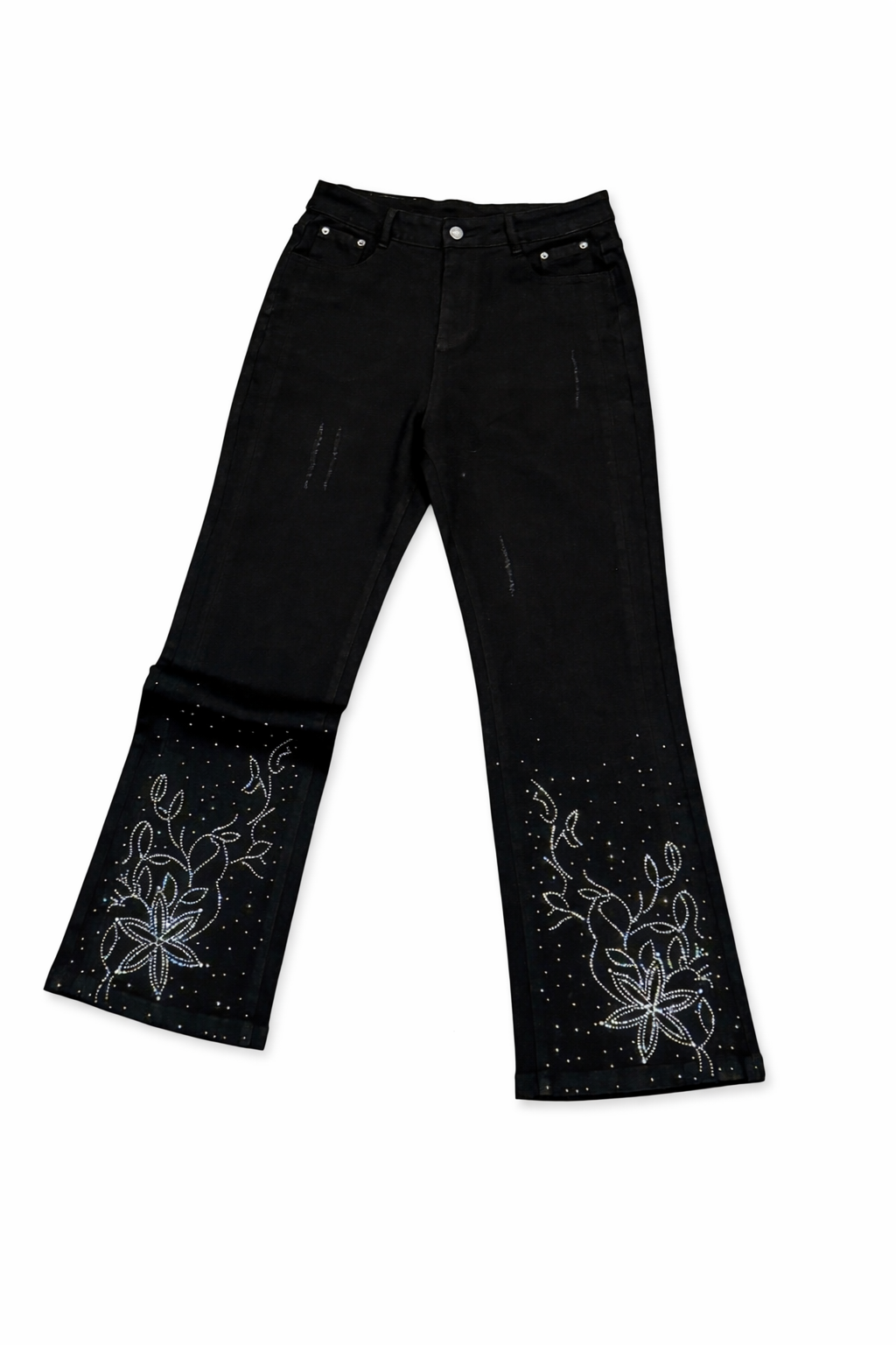 Sawabillio Rhinestone Floral Black Jeans
