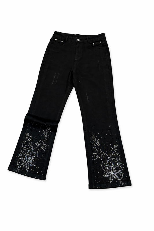 Sawabillio Rhinestone Floral Black Jeans